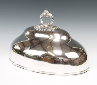 A Victorian oval silver plated meat cover with scroll handle and engraved crest maker T & J Creswick 26cm H 24cm W 43cm  D