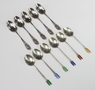A set of 6 silver Art Deco coffee spoons with enamelled handles Birmingham 1933, 5 odd coffee spoons, 100 grams  