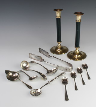 A pair of silver plated asparagus tongs and minor plated items 