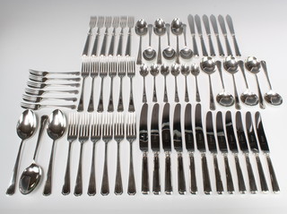 A set of silver Grecian pattern cutlery comprising 6 tea spoons, 6 soup spoons, 6 dessert spoons, 3 table spoons, 6 cake forks, 6 dessert forks, 6 dinner forks, 6 dinner knives, 6 dessert knives, 6 fish knives and 6 fish fork Sheffield 1963/1964, retailed by Harrods maker Lee & Holmes 1886 grams 