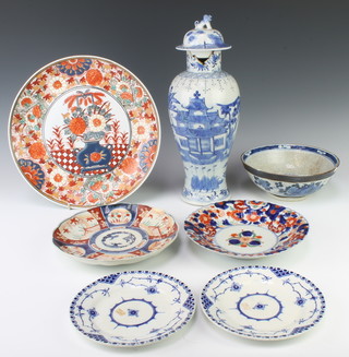 A Chinese oviform vase and cover decorated with figures in an extensive country landscape 37cm, 4 Imari dishes 2 plates and a Chinese crackle glazed bowl 