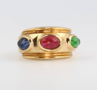An 14ct yellow gold 3 stone cabochon cut ring with emerald, ruby and sapphire size K 1/2