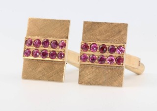 A pair of 14ct yellow gold red gem set rectangular cufflinks 14.1 grams