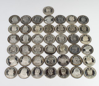 A set of 43 John Pinches silver commemorative crowns - Monarchs of Great Britain 1728 grams 