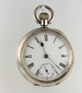 A silver cased mechanical pocket watch with seconds at 6 o'clock 