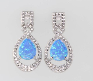 A pair of silver, cubic zirconia and blue opalite set drop earrings 