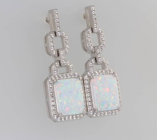A pair of silver, cubic zirconia and opalite drop earrings 