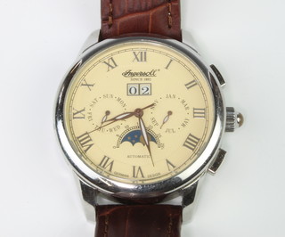 A gentleman's steel cased Ingersoll automatic calendar wristwatch with 3 subsidiary dials on a leather strap, boxed