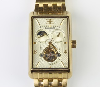 A gentleman's gilt cased Earnshaw Art Deco style wristwatch with 2 subsidiary dials and visible movement on a gilt bracelet, boxed