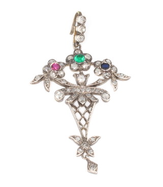 An Edwardian style diamond, sapphire, emerald and ruby floral pendant 