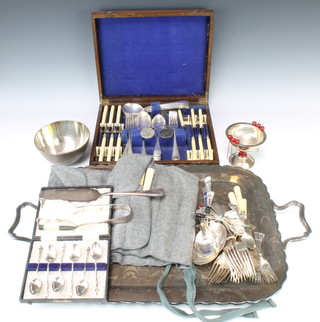 A silver plated 2 handled tray 64cm, a quantity of cutlery and minor plated items