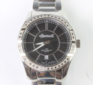 A gentleman's steel cased diamond set Ingersoll calendar wristwatch on a do. bracelet, boxed