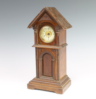 A miniature longcase clock with 5 cm circular enamelled dial with Arabic numerals, contained in a mahogany case