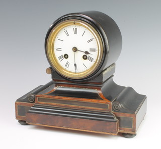 A Victorian French 8 day striking mantel clock with enamelled dial and Roman numerals contained in an ebonised walnut case 
