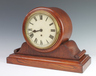 A fusee mantel timepiece with 18cm dial, Roman numerals, the 11cm brass back plate marked W & H Sch, contained in an oak case complete with pendulum 