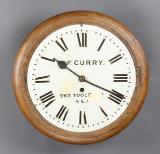 A fusee wall clock, the 30cm dial marked F Curry 267 Tooley Street SE1, the 10cm brass back plate marked 3028 contained in an oak case  