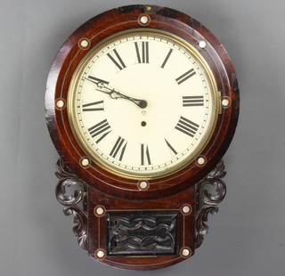 Ansonia Clock Company - a 19th Century drop dial wall clock with 29cm dial, Roman numerals contained in an inlaid mahogany case 