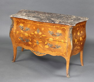 A French Kingwood commode of serpentine outline and bombe form with brown veined marble top and gilt metal mounts, fitted 2 long drawers  84cm h x 122cm w x 56cm d 
