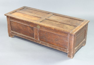 A 17th/18th Century coffer of panelled construction with hinged lid  (possibly made up, replacement butterfly iron hinges) 42cm x 133cm w x 53cm d 