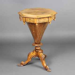 A Victorian octagonal rosewood sewing table of conical form raised on a carved tripod base 69cm h x 45cm w x 45cm d 