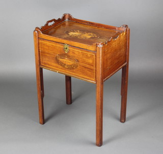 A Georgian mahogany tray top commode, the top inlaid musical trophies, having a fall to the front inlaid lidded urns, raised on square supports 77cm h x 54cm d x 38cm w