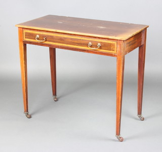 Maple & Co Ltd, an Edwardian inlaid mahogany dressing table with satinwood stringing, fitted 1 long drawer, raised on square tapered supports 74cm h x 86cm w x 46cm d