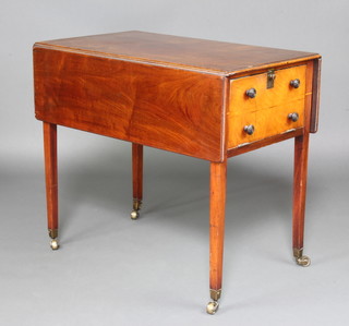 A 19th Century mahogany Pembroke table, the base fitted a cupboard with fall front in the from of 2 drawers, raised on square tapered supports ending in brass caps and casters 28cm h x 81cm x 49cm 