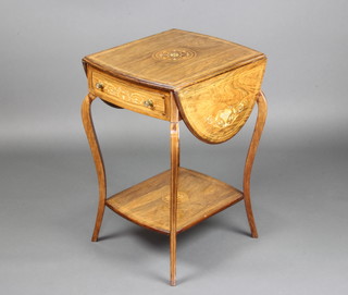 A Victorian inlaid rosewood oval drop 2 tier occasional table, fitted a frieze drawer, raised on cabriole supports 71cm h x 50cm w x 36cm when closed x 92cm when open  