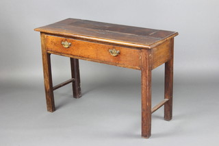 An 18th Century oak side table fitted a frieze drawer with brass drop handles, raised on square supports 70cm h x 102cm w x 43cm d 