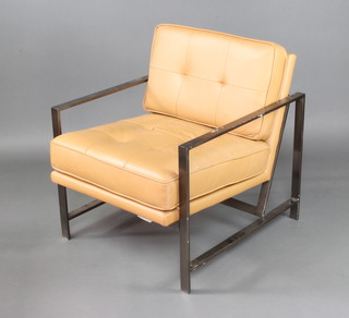 A mid 20th Century Westelm chrome and leather open arm chair 