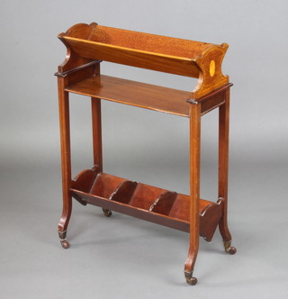 An Edwardian inlaid mahogany book trough, the upper section fitted a book trough above a shelf, the base fitted 3 segmented sections 75cm h x 55cm w x 12cm d 