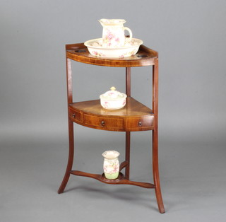 A 19th Century inlaid mahogany corner wash stand with three quarter gallery, the upper section fitted 3 utensil receptacles the base fitted 1 long drawer above a shaped undertier, raised on 3 outswept supports together with an associated Doulton 4 piece wash set with jug, bowl, tooth brush pot and soap dish and cover  84cm h x 51cm w x 38cm d 
