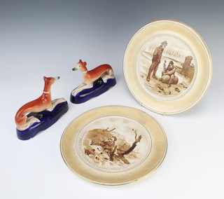 Two Grimwades Bruce Bairnsfather plates with First World War studies 25cm together with a pair of Staffordshire pen stands in the form of reclining greyhounds 16cm 