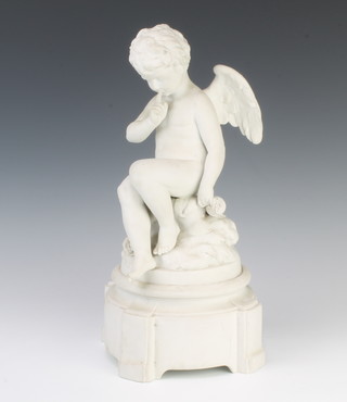 A Victorian Parian style figure of an Angel seated on a rocky outcrop raised on a plinth 36cm 