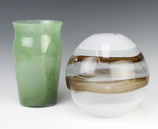 A Monart style green glass vase 23cm together with a Studio baluster vase with geometric decoration 20cm 