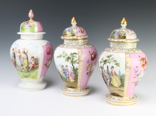A pair of late 19th Century Dresden pink ground baluster vases and covers with panels of flowers and fete gallant views 30cm together with an early 20th Century Continental do. 32cm 
