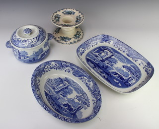 A Copeland Spode Blue Italian casserole and cover, an oval meat dish, a rectangular do. together with a Masons Ironstone ham stand