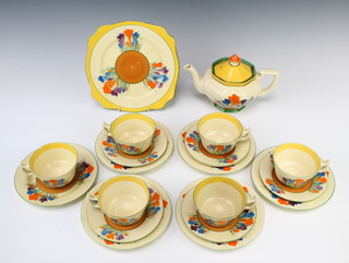A Clarice Cliff Bizarre Crocus pattern tea set comprising teapot and lid, 6 tea cups, 5 saucers, 6 plates and a sandwich plate 