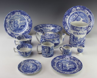 An extensive Spode Italian pattern table service, tea service and coffee service comprising 6 coffee cans, 6 saucers, 6 large tea cups, 6 saucers, 6 coffee mugs, 3 medium tea cups, 9 saucers, 2 egg cups, 11 small plates, 7 medium plates, 10 dinner plates, 8 soup bowls, 11 dessert bowls, 1 milk jug, 2 cream jugs, coffee pot, teapot, cake plate and knife, 4 serving dishes, sauce boat and stand, cake stand, shallow bowl, pie dish, 3 tureens and covers, 2 meat plates, fruit bowl, utensil holder, casserole and lid, casserole base, 3 salad bowls, 2 large pie dishes 