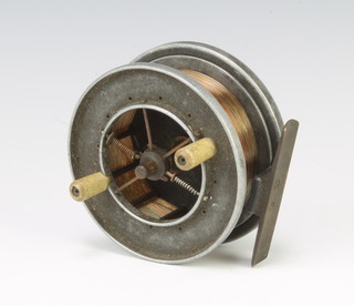 A 1930's Alcock aerial 3 1/2" centre pin fishing reel contained in an associated pouch 