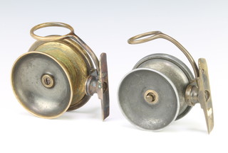 A Mallocks patent brass side casting fishing reel and 1 other in alloy and brass 