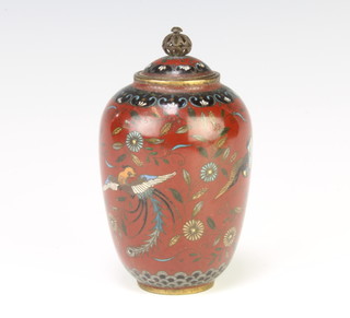 A Japanese cloisonne urn and cover decorated birds amidst branches 10cm 
