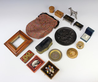 A circular carved wooden plaque depicting classical musicians 16cm, a circular Eastern brass dish 8cm, a parquetry trinket box with hinged lid 3cm x 6cm x 4cm and a collection of curios 