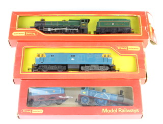 A Triang OO R553 Caledonian together with R.759G pull class locomotive and tender and R.758 Hymek B-B diesel boxed 