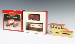 A Hornby Dublo signal box together with 2 Corgi British Railways transport of the 1950's and 60's delivery vans boxed 