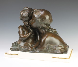 Henri Pernot, 1859-1937, a bronze figure group "La Grande Soeur" circa 1905, founder Thiebaut Paris, signed and stamped, mounted on original white marble base with bronze bead decoration, 30cm h x 41cm w x 25cm d, together with an associated corner stand.  Reputedly from the private collection of Countess Louise Reine de Rouselliere Clouard, together with a small collection of paperwork relating to the purchase of the bronze in 1998 