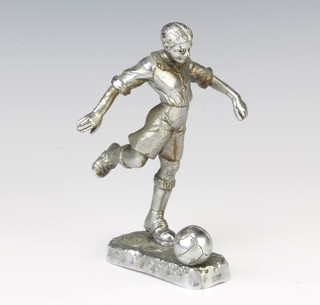 Desmo, a 1940's chromium plated car mascot in the form of a footballer kicking a ball 13cm h x 7cm x 3cm  