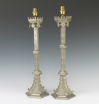 A pair of Pugin style chrome metal table lamps 48cm h x 15cm diam. 