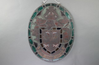 An E Thorpe Rayne R Davis and Company Ltd oval stained glass window decorated The Arms of The Borough of Wimbledon 64cm x 50cm 
