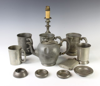 W R Loftus, 2 Victorian spouted pint measures together with a pint tankard, a half pint measure, 4 salts, pewter tankard, pewter teapot, hip flask and a candlestick